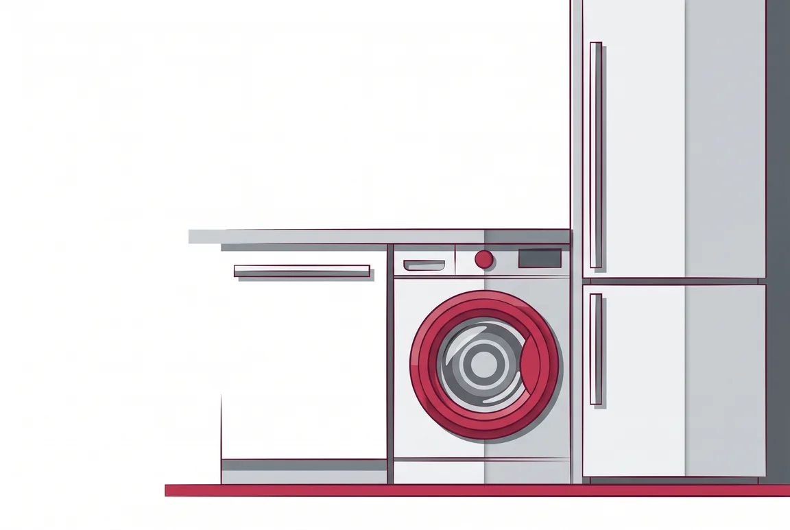 Stylised illustration of a front-loading washer drum beside a refrigerator door
